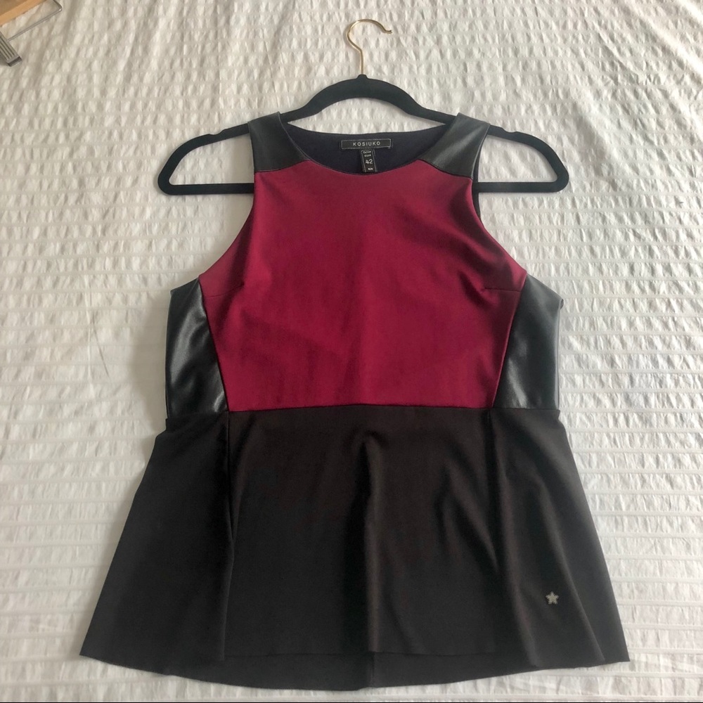 Black and Red Peplum Top With Leather Detailing